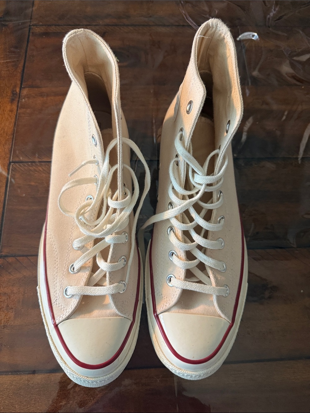 Converse High-Top Sneakers in Beige with Red Stripe